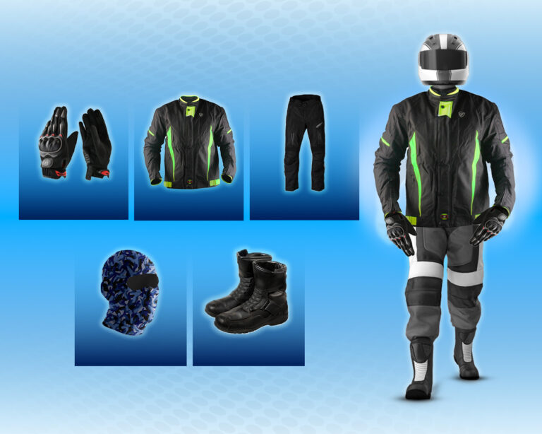 Equipo de protección de motociclista para otoño e invierno: chamarra, pantalones, guantes, botas y casco.