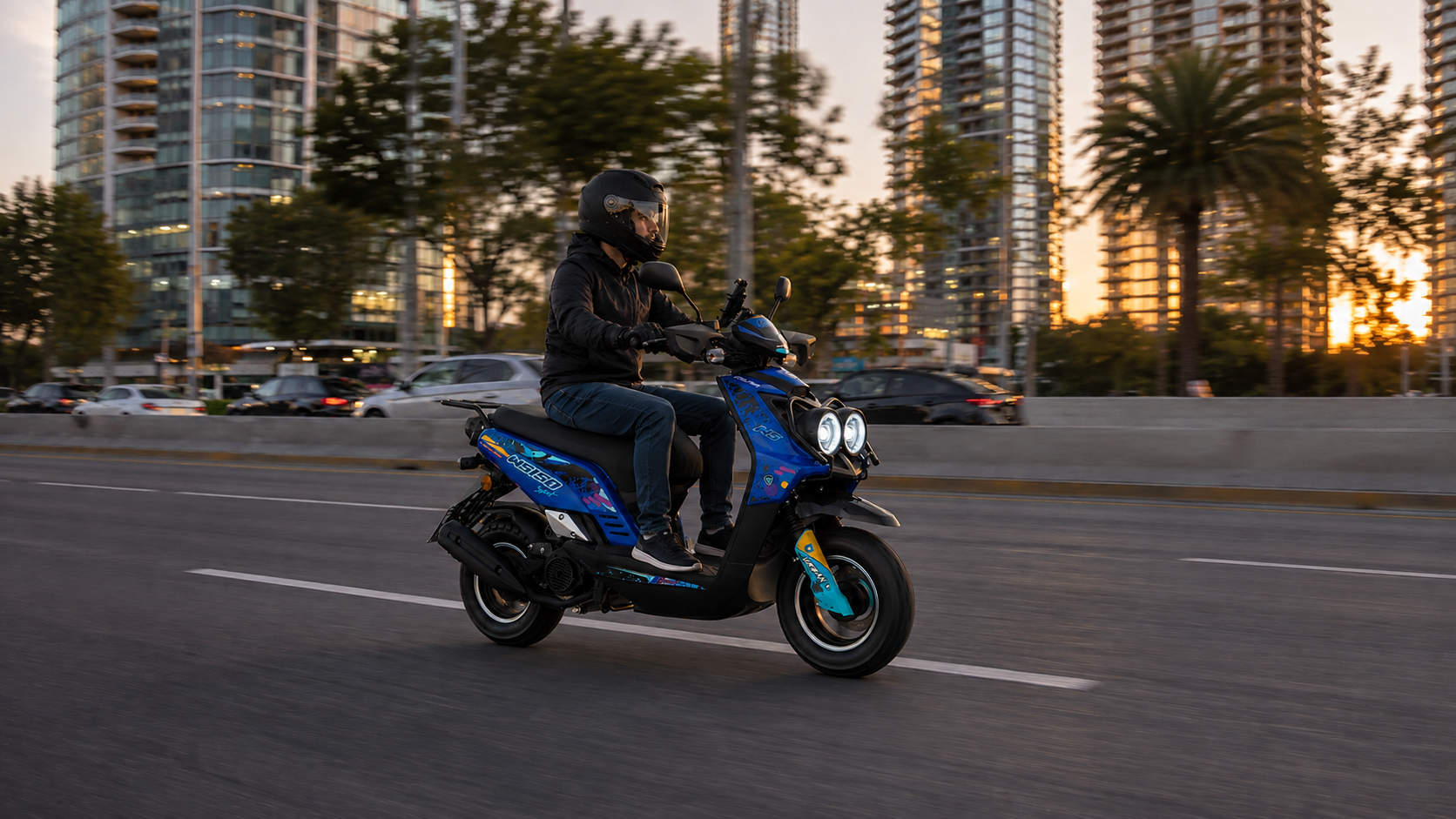 Joven con casco conduciendo un scooter ITALIKA WS150 Sport azul con diseño urbano por una avenida al atardecer.