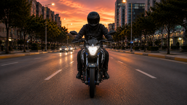 Hombre conduciendo una motocicleta ITALIKA 150Z con faro encendido en una avenida principal al atardecer. 