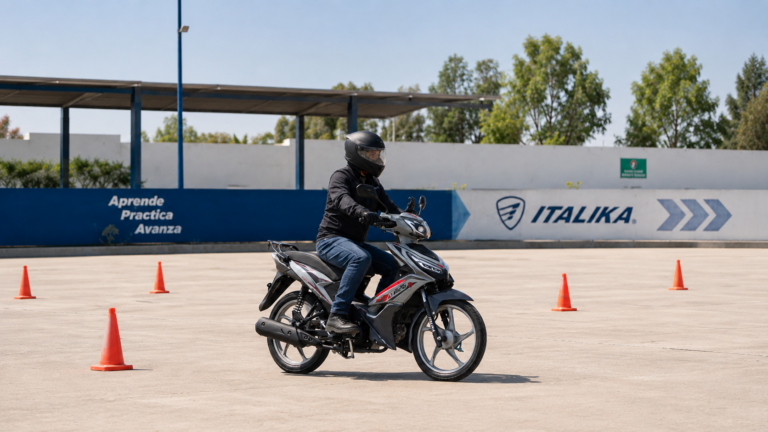 Piloto en curso de manejo practicando con su motocicleta ITALIKA AT125.