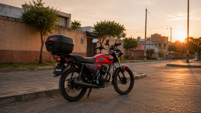 Motocicleta ITALIKA FT150 roja con caja de carga trasera estacionada sobre una calle residencial al atardecer, con luz cálida y entorno urbano de fondo.