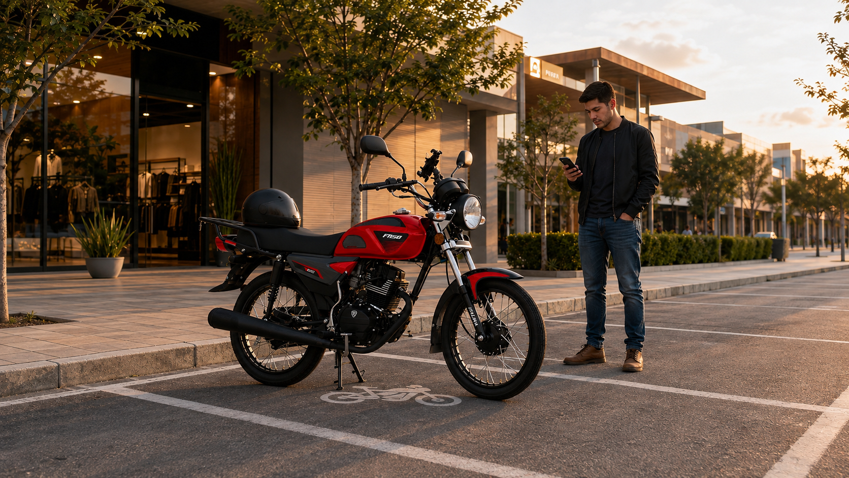 Joven revisando su celular junto a su motocicleta de trabajo ITALIKA FT150 roja en un estacionamiento.