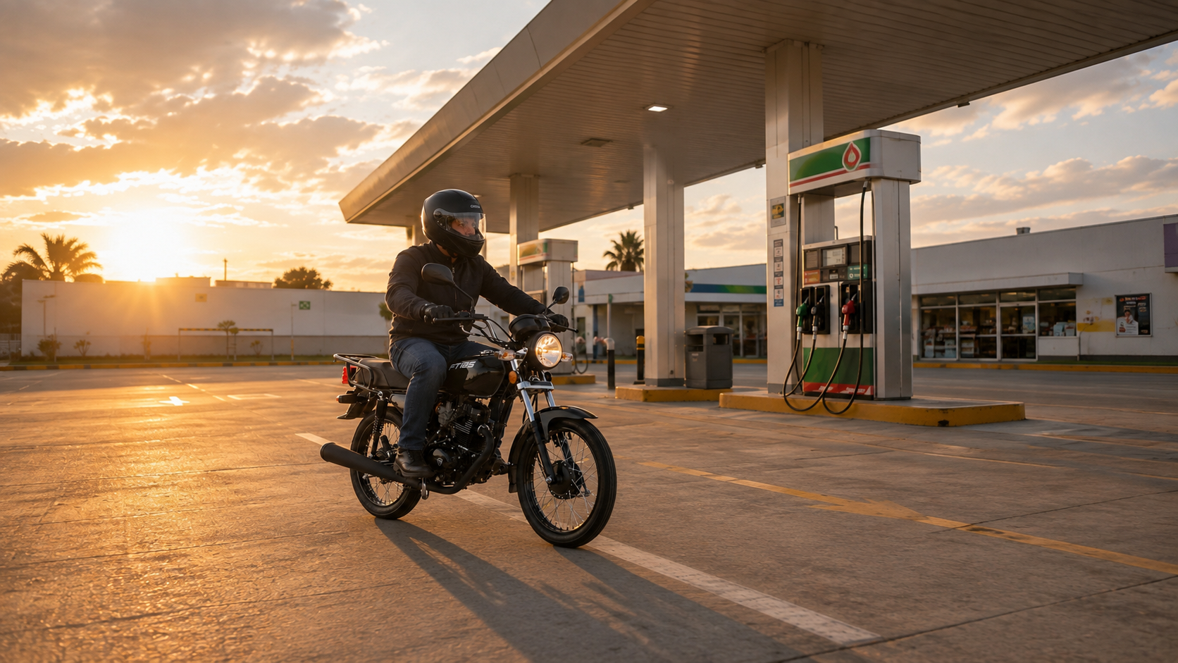 Piloto con casco de seguridad manejando una moto ITALIKA FT125 de color negra saliendo de una gasolinera en alguna ciudad de México.