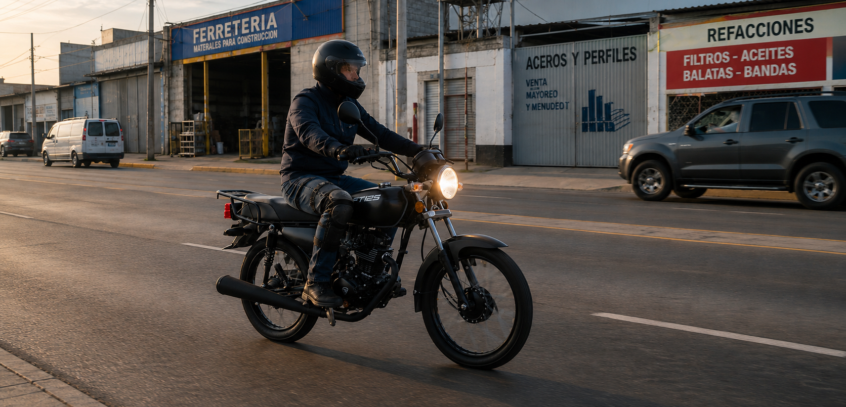 Piloto con equipo de seguridad conduciendo una motocicleta de trabajo ITALIKA FT125 negra en una zona comercial.