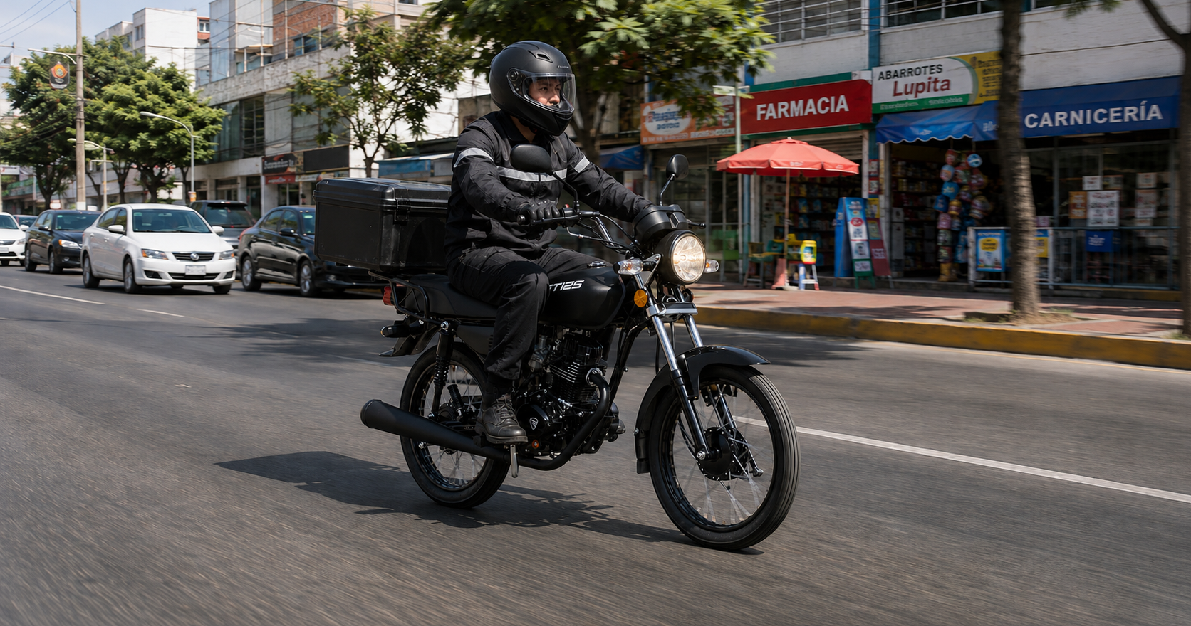 Repartidor en moto de trabajo ITALIKA FT125 negra con caja, circulando por una calle de la Ciudad de Mexico.