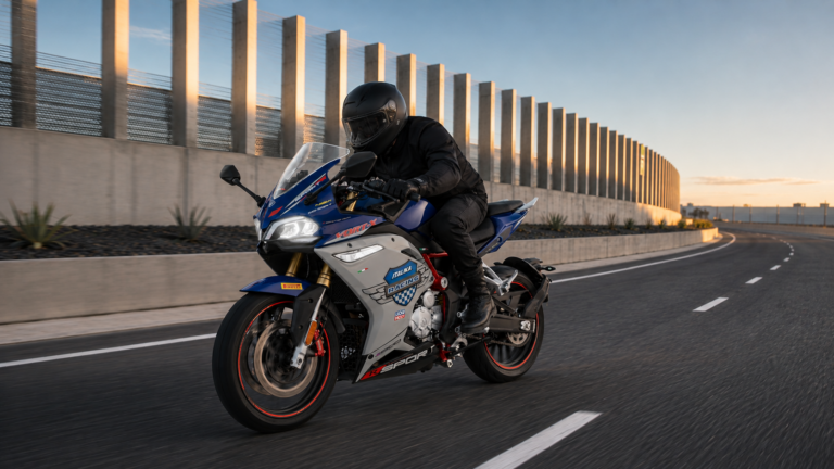Piloto usando equipo de seguridad en una moto ITALIKA Vort-X 300R en movimiento por una carretera.