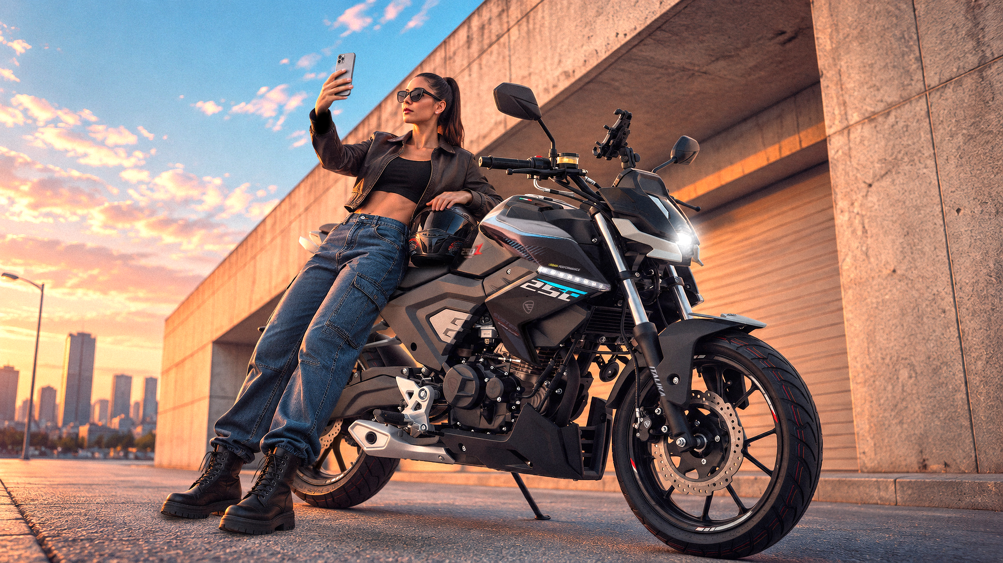 Motociclista posando junto a su nueva moto naked ITALIKA 250Z, de la Línea Z.