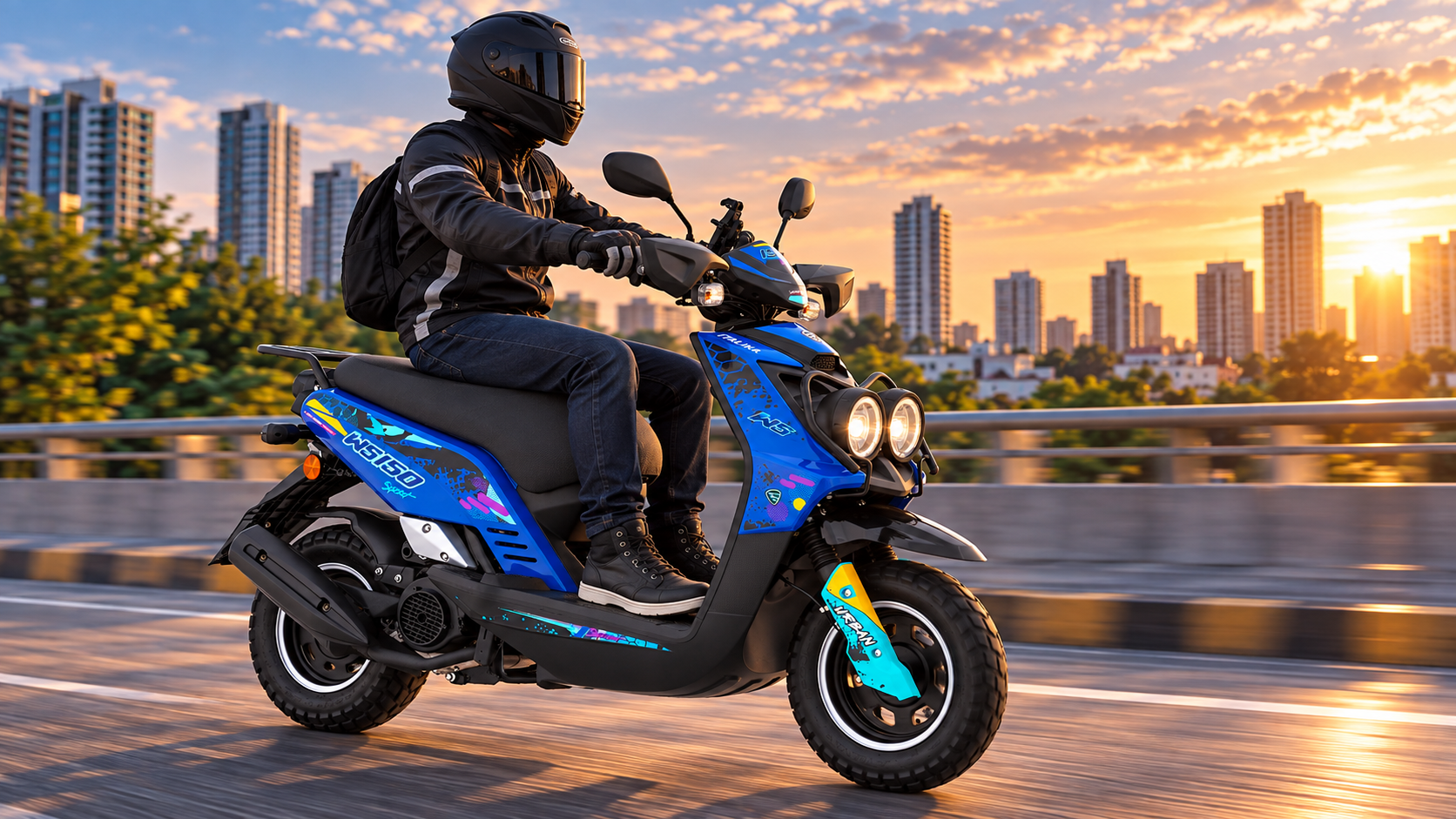 Piloto con equipo de seguridad completo manejando una motoneta ITALIKA WS150 Sport por una ciudad al atardecer.